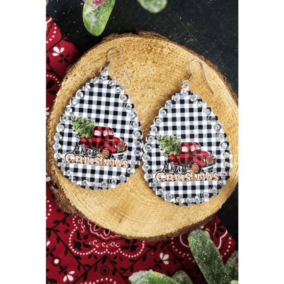 Christmas Tree Truck Black Plaid Scalloped Teardrop Earrings - Picture 1 of 2